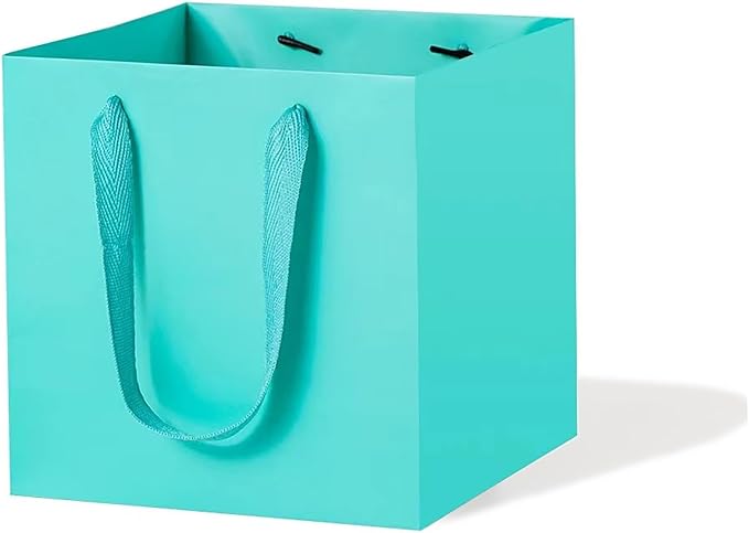 Teal Blue Paper Gift Bag 4 in Paper Box Small Square Bottom Kraft Paper Bags with Handles for Wedding Baby Shower Birthday Party (Teal Blue, 4 x 4 x 4 in, 10 CT)