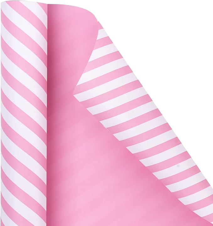 WRAPAHOLIC Reversible Wrapping Paper - Mini Roll - 17 Inch x 33 Feet - Pink and Stripes Design for Birthday, Wedding, Baby Shower, Holiday