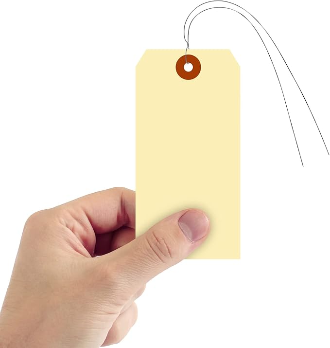 SmartSign Blank Manila Shipping Tags with Wire, Size-6, Pack of 100, 13pt Thick Prewired Cardstock Tag, 5.25 x 2.625 inch Paper Hang Tags with Reinforced Fiber Patch