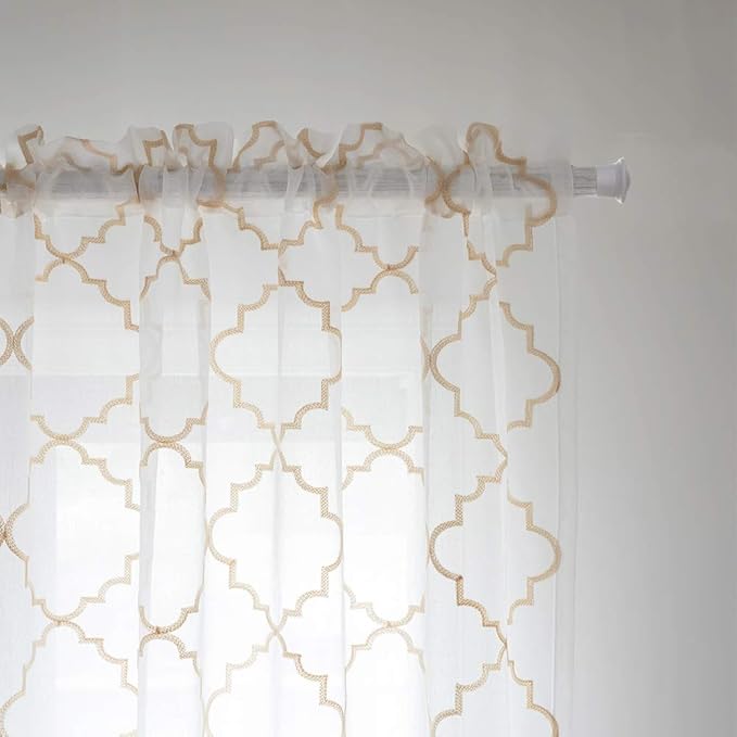 Sheer Curtains Beige 63 Inches, Rod Pocket Voile Drapes for Living room, Bedroom, Embroidered Moroccan Tile Lattice Design Window Semi Crinkle Curtain Panels for Yard, Parlor, Set of 2, 52"x 63".