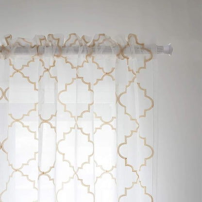 Sheer Curtains Beige 63 Inches, Rod Pocket Voile Drapes for Living room, Bedroom, Embroidered Moroccan Tile Lattice Design Window Semi Crinkle Curtain Panels for Yard, Parlor, Set of 2, 52"x 63".