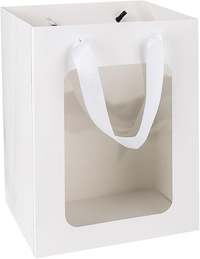 MOXARYSU 3 Pcs White Gift Bags with Clear Window: 9.8x5.1x7.1 Inch Medium Kraft Paper Bags with Handle For Party Business Birthday Wedding (White,3p)