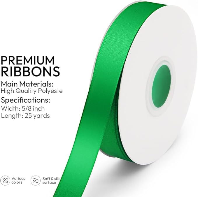 KMER LIFE 5/8 inch x 25 Yards Double Faced Polyester Emerald Green Satin Ribbon, Perfect for Gift Wrapping Very Suitable for Weddings Party Hair Bow Invitation Decorations and More