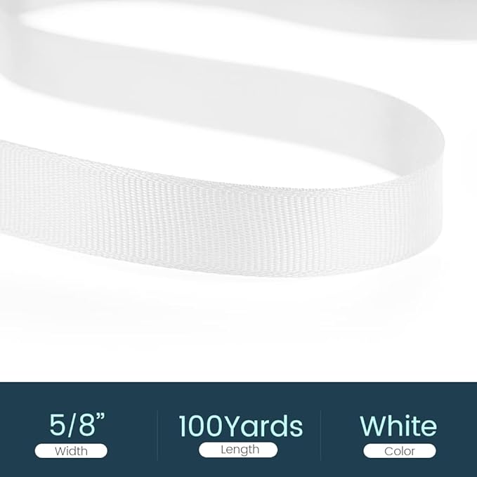 5/8" X 100 Yards White Grosgrain Ribbon, Premium Grosgrain Ribbon for Sewing, Gift Wrapping, Bow Making, Wedding Decor, Wrapping and More (White)