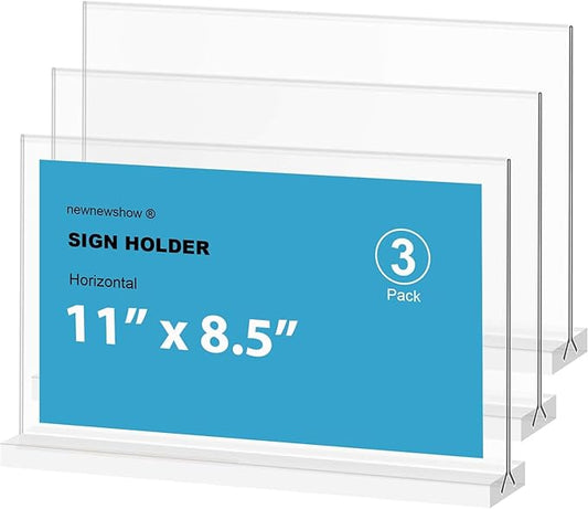 newnewshow Acrylic Sign Holder 11x8.5 Inch 3 Pack Horizontal T Shape Double-Sided Desktop Display Holder. (Optional 8.5x11 8.5x5.5 5x7 Horizontal and Vertical)