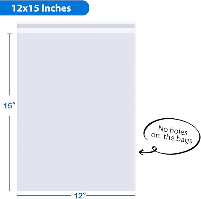 PigPotParty 12"x15" Self-Sealing Clear Cellophane T-Shirt Bags with Adhesive, 100 Pack Plastic Cello Packaging for Clothes, Gifts, Magazines, A4, Envelope, Letter & Small Business Use