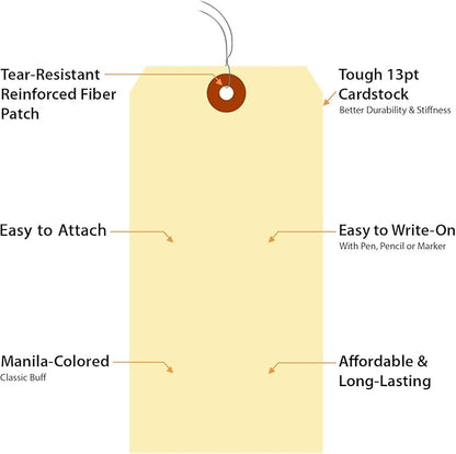 SmartSign Blank Manila Shipping Tags with Pre-Strung Wire, Size-8, Pack of 1000, 13pt Thick Cardstock Tags, 6 1/4" x 3 1/8" Paper Hang Tags with Reinforced Fiber Patch