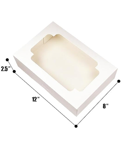 qiqee Auto-pop up White Cookie Box with Window 12x8x2.5 inch 32 Packs Two Uses One Second Folding Pastry Biscuit Bakery Box for Packaging