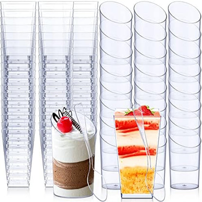 Nuogo 200 Pcs Mini Dessert Cups with Spoons Include 3 oz Square Plastic Appetizer Cups 2.5 oz Slanted Round Parfait Shooter Cup Small Clear Mousse Pudding Cup for Wedding Baby Shower Birthday Party
