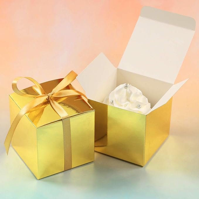 COTOPHER 60pcs Wedding Favor Boxes, Paper Gift Boxes 3x3x3 Inches Small Gift Boxes with Ribbons Small Boxes for Gifts, Crafting, Cupcake, Candy, Bridesmaid Proposal Boxes (Metallic Gold)