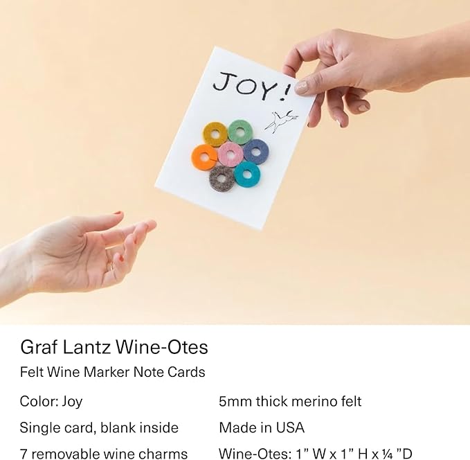Graf Lantz - Wine-Ote's Merino Wool Wine Glass Charms (Joy) 7 Count - Drink Markers with Note Card - Reusable - 7 Colors - Boho Style - Home Decor, Party Favors & Vacation Essentials - 5mm Felt