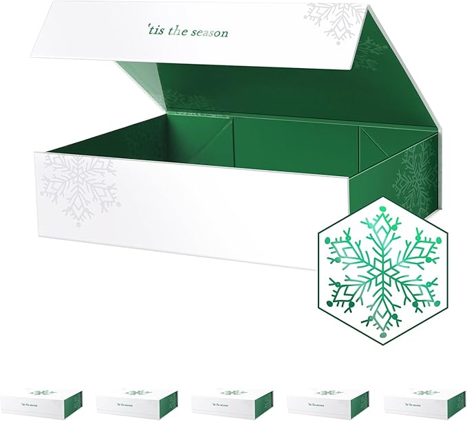PACKHOME 6 Christmas Gift Boxes 13x9.7x3.4 Inches, Large Gift Boxes with Lids, Sturdy Shirt Boxes with Magnetic Lids for Wrapping Gifts (Green Snowflake Pattern)