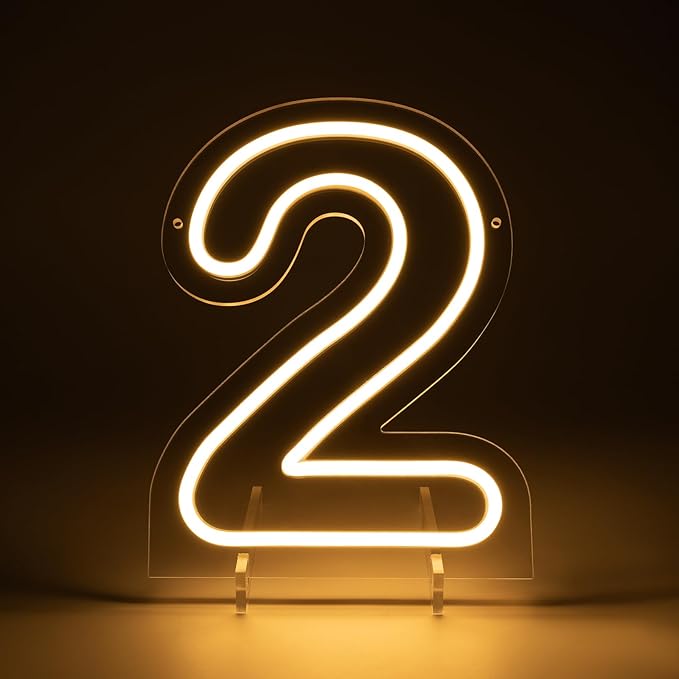 Number 2 LED Neon Sign Backdrop Birthday Party Decoration, 11.3" Height Warm White Marquee Number Two Light Up Sign for Wedding Anniversary Window Wall Table, Indoor Battery Operated or USB