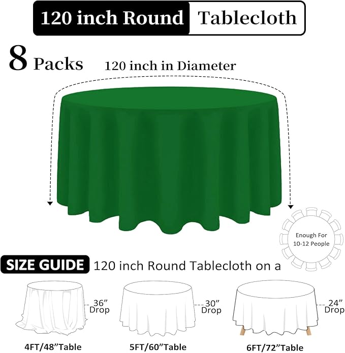 8 Pack Green Round Tablecloth 120 Inch Stain and Wrinkle Resistant Round Green Table Cloth Reusable and Washable Polyester Fabric Table Covers for Buffet Wedding Party and Banquet