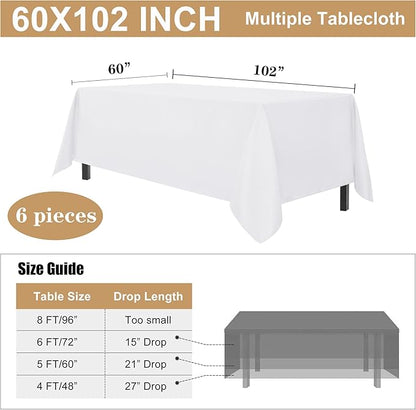 sancua 6 Pack White Tablecloth 60 x 102 Inch, Rectangle Table Cloth for 6 Feet Tables - Stain and Wrinkle Resistant Washable Polyester Table Cover for Dining Tables, Buffet Parties and Camping