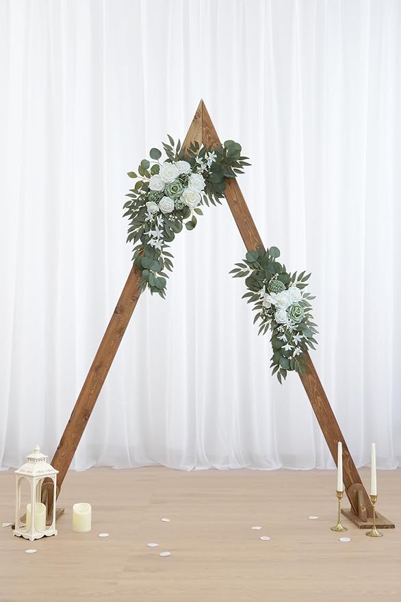 2-Pack Sage Green & White Wedding Flower Swag Set, Large: 35.43"L x 14.56"W, Small: 24.80"L x 12.99"W, Artificial Flowers for Wedding Arch, Ceremony, Table Centerpieces, Wall Hanging