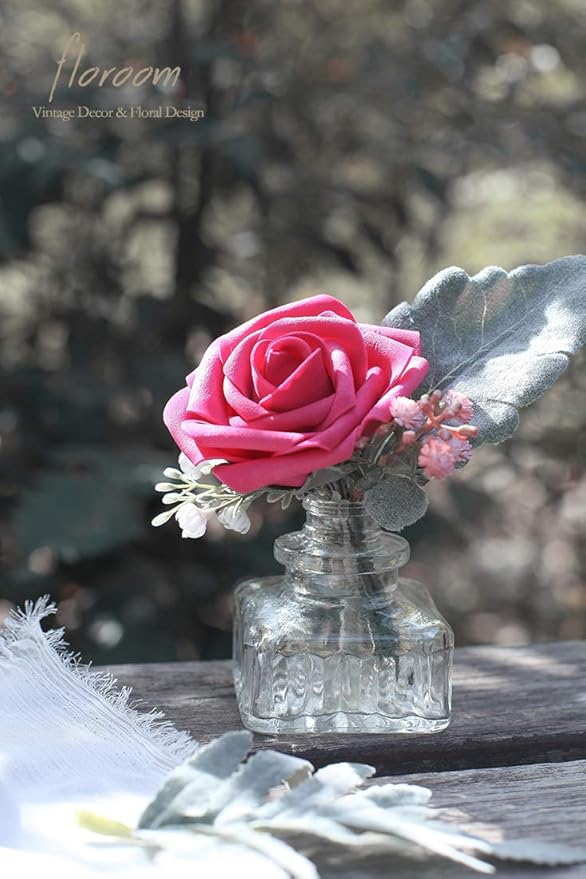 Floroom Artificial Flowers 50pcs Real Looking Fuchsia Foam Fake Roses with Stems for DIY Wedding Bouquets Bridal Shower Centerpieces Floral Arrangements Party Tables Home Decorations