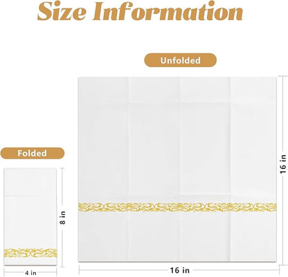 KAMMAK White Dinner Paper Napkins with Pocket Disposable 100 Pack Yellow Trim Linen Feel Wedding Reception Napkins Hand Paper Towels Folded Lunch Napkins for Party, Bathroom (16 x 16 inch)