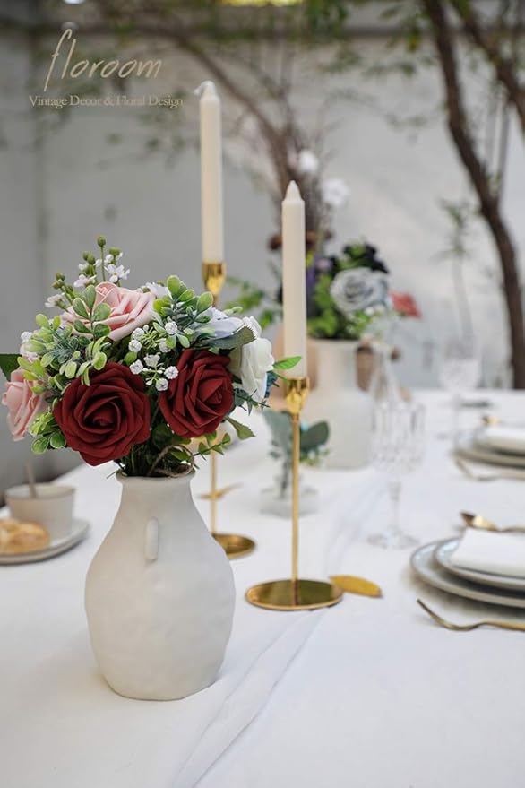Floroom Artificial Flowers 50pcs Real Looking Burgundy Foam Fake Roses with Stems for DIY Wedding Bouquets Red Bridal Shower Centerpieces Floral Arrangements Party Tables Home Decorations