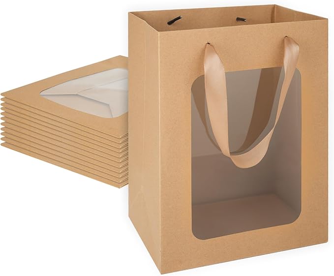 MOXARYSU 12 Pcs Brown Gift Bags with Clear Window: 9.8x5.1x7.1 Inch Medium Kraft Paper Bags with Handle For Party Business Birthday Wedding