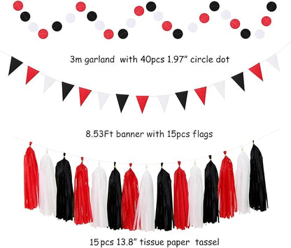Black White-Red Party-Decorations - 33pcs Birthday Banner,Streamers Tassel Garland,Tissue Pom Poms Honeycomb,Paper Lantern Fans,Men Women Wedding Baby Shower Graduation Backdrop Supplies Decor Hugtmr
