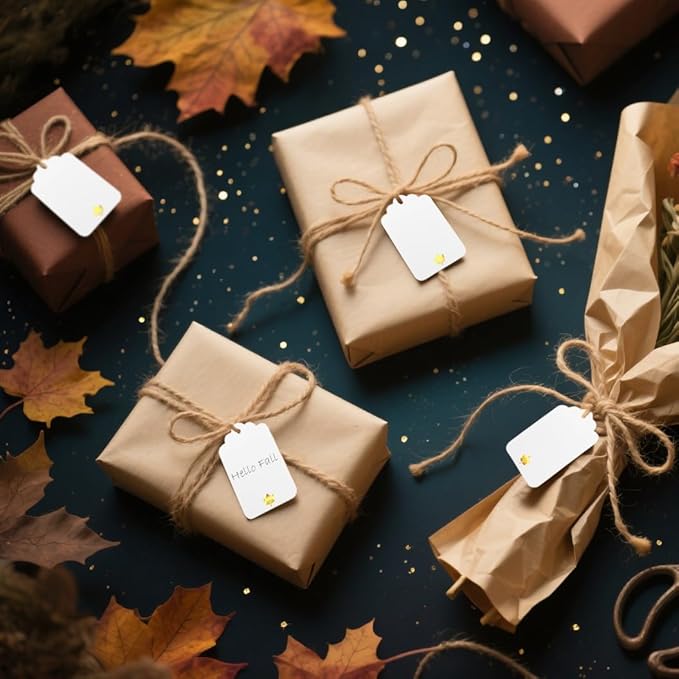 100 Pcs Blank Gift Tags with String Gold Foil Maple Leaf Fall Large Gift Tags with 65 Ft Jute Twine White Paper Cute Tags for Fall Autumn Thanksgiving Harvest Party Gift Wrap Tags