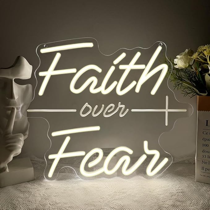 Faith Over Fear Neon Sign,Christian Dimmable LED Light Signs for Wall Art Decor,Warm White Backdrop for Bedroom Club Party Man Cave,Gift for Teen Men USB Powered（13.8"*11.6"）