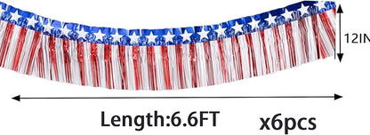 6 Pack 6.6 Feet Red Blue White Foil Fringe Garland Streamers，Red White Blue Star Metallic Hanging Backdrop Banner Table Skirts for 4th of July Decorations Memorial Day Patriotic Party Parade Floats