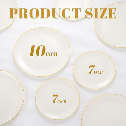 bUCLA 200PCS Ivory Plastic Plates with Gold Rim - Heavy Duty Cream Disposable Include 100 Dinner 10 inch & 100 Dessert 7 inch Plates, Ideal for Party & Thanksgiving