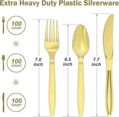 300 Count Extra Heavy Duty Gold Plastic Silverware, 100 Forks, 100 Spoons, 100 Knives, BPA-Free, Heat Resistant, Disposable Plastic Utensils Set, Plastic Cutlery Set, Plasticware Bulk