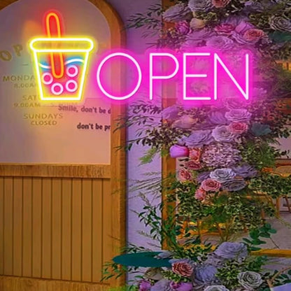 Open Sign| Led Boba Tea |Open Bubble Tea Neon Sign|Open Milk Tea Neon Sign|LED Neon light For Milk Tea|Milk Tea Wall Decor Sign Size:25inches