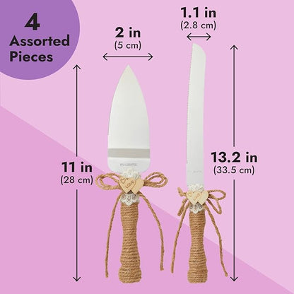 Juvale Wedding Decor Rustic Cake Knife & Server Set with Champagne Flutes - Brown Wood Handles, 13.2in Knife & 11in Server, 7.1oz Flutes - Rustic Wedding Decorations