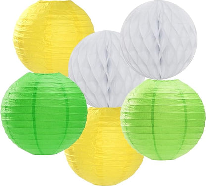 Yellow-White Green Party-Decorations Streamers-Lanterns - 14pcs Spring Summer Garden Tea Paper Fan,Birthday Baby Bridal Shower Wedding Tissue Pom Poms,Classroom Honeycomb Balls Decor Lasting Surprise