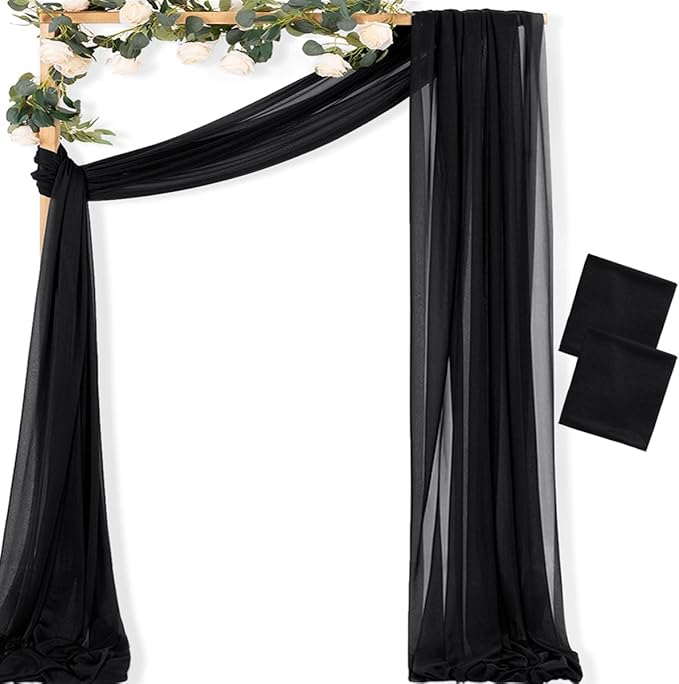 MLMC Black Wedding Arch Draping Fabric 2 Panels 29" x 20 FT Extra Long Gauze Drapes Sheer Backdrop Curtains 6.6 Yards Outdoor Drapery Panels for Wedding Ceremony Party Ceiling Decoration