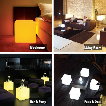Mr.Go 14-Inch Color Changing LED Cube Light Stool, Glow Cube Seat for Kids, Modern LED Light Side Table, 16 RGB Colors LED Mood Lighting, Ideal for Home Garden Patio Bar Pool Party Decorative Lighting