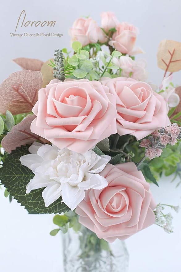 Floroom Artificial Flowers 50pcs Real Looking Blush Foam Fake Roses with Stems for DIY Wedding Bouquets Pink Bridal Shower Centerpieces Floral Arrangements Party Tables Home Decorations