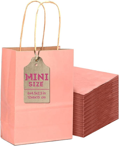 qiqee 24 Pcs Bright Pink Mini Paper Gift Bags with Handles 6"x4.5"x2.5" Small Brown Kraft Party Favor Bags Treat Bags Multiple Uses (Mini size)