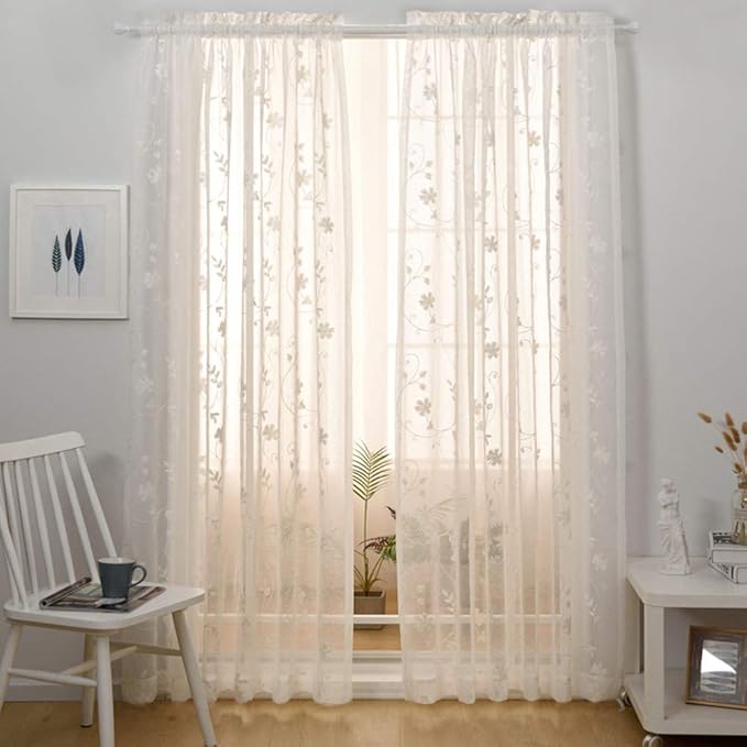 Sheer Curtains White 95 Inches Embroidered Floral, Window Treatments Rod Pocket Drapes for Living room, Bedroom, Semi Crinkle Voile Curtain Panels for Yard, Patio, Villa, Parlor, Set of 2, 52"x95".