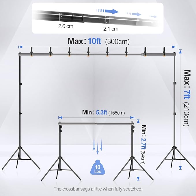 EMART Backdrop Stand 10x7ft(WxH) Photo Studio Adjustable Background Stand Support kit with 2 Crossbars, 8 Clamps, 2 Sandbags and Carry Bag for Parties, Events Decoration, Wedding, Photography