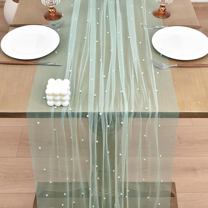 Joanlody Fall Pearl Table Runner 10ft Rustic Boho Tulle Table Runner with Pearls for Baby Shower Wedding Party Veil Dessert Thanksgiving Table Decor Sage Green 4pcs