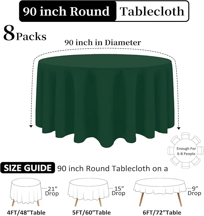 8 Pack Dark Green Round Tablecloth 90 Inch Stain and Wrinkle Resistant Round Hunter Green Table Cloth Reusable and Washable Polyester Fabric for Buffet Wedding Party and Banquet