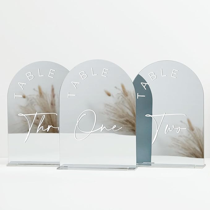 JINMURY Sliver Arch Wedding Table Numbers 1-20 with Stands, 5x7 Inch Acrylic Arch Sign with White Lettering, Sliver Mirror Acrylic Table Numbers for Wedding Reception