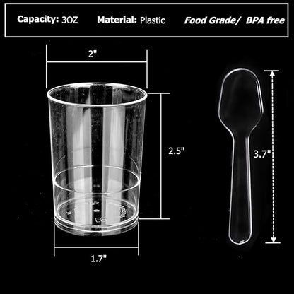 100 Pack Mini Dessert Cups, 3oz Clear Shooter Cups with Spoons, Plastic Mousse Cups for Party, Ice Cream, Puddings, Chocolate, Round Appetizer Parfait Tasting Cups