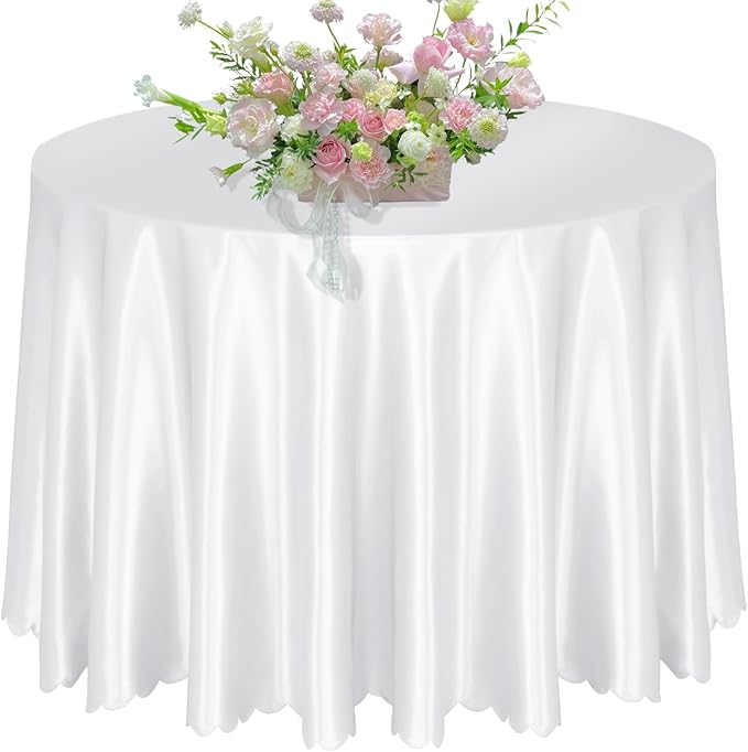 KKJIAF 1 Pack 108 Inch Round Table Cloth, White Overlay Round Satin Table Cover, Silky Satin Dining Tablecloths for Wedding Buffet Parties Banquet Decoration