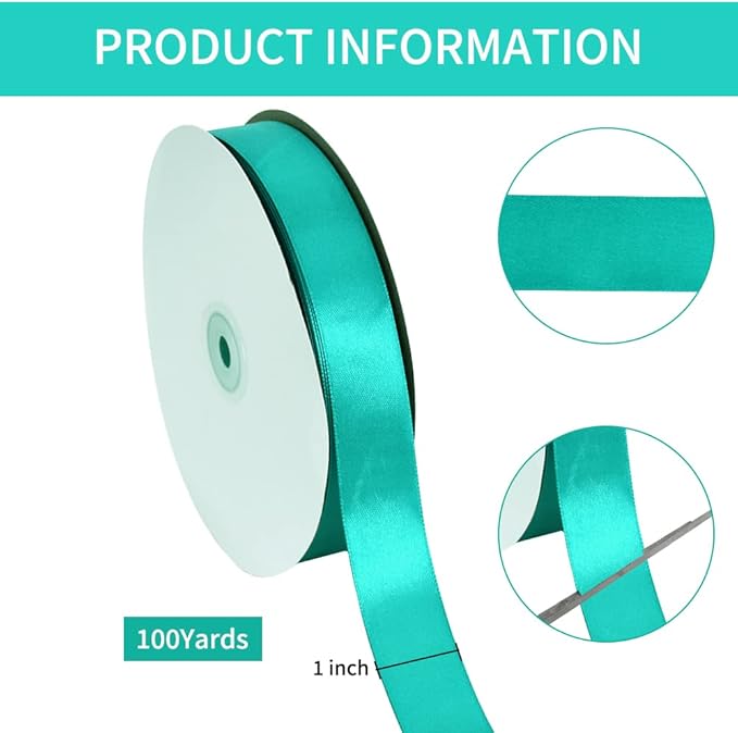 TONIFUL 1 Inch x 100yds Aqua Teal Blue Satin Ribbon, Thin Solid Color Satin Ribbon for Gift Wrapping, Crafts, Hair Bows Making, Wedding Party Decoration, Invitation Cards, Floral Bouquets