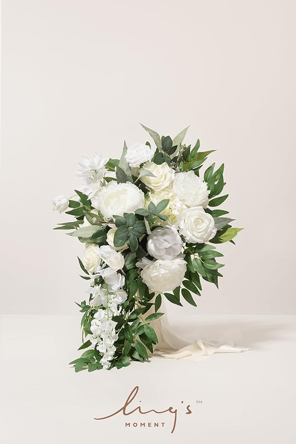 Ling's Moment White Bridal Bouquet Cascading, Ivory Wedding Bouquets for Bride, 15 Inch Bride Bouquets for Wedding Artificial Flowers Bouquets