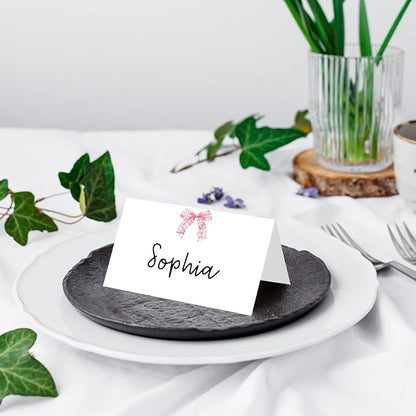 25 Pack Pink Plaid Bow Place Cards, Editable Name Cards for Table Setting, Tent Cards Food Label for Dinner Party, Bridal Shower, Wedding, Baby Shower and Events -T30
