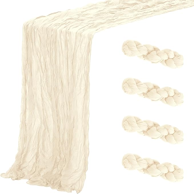 Aktor 4 Pack Ivory Table Runner Boho Cheesecloth Table Runner Semi Sheer Gauze Fabric Runners for Wedding Birthday Baby Shower Party Boho Table Decoration（Ivory）