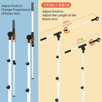 CAHAYA Microphone Stand Tripod Boom Arm Floor Mic Stand with Carrying Bag and 2 Mic Clips for Singing Performance Wedding Stage and Mic Mount White