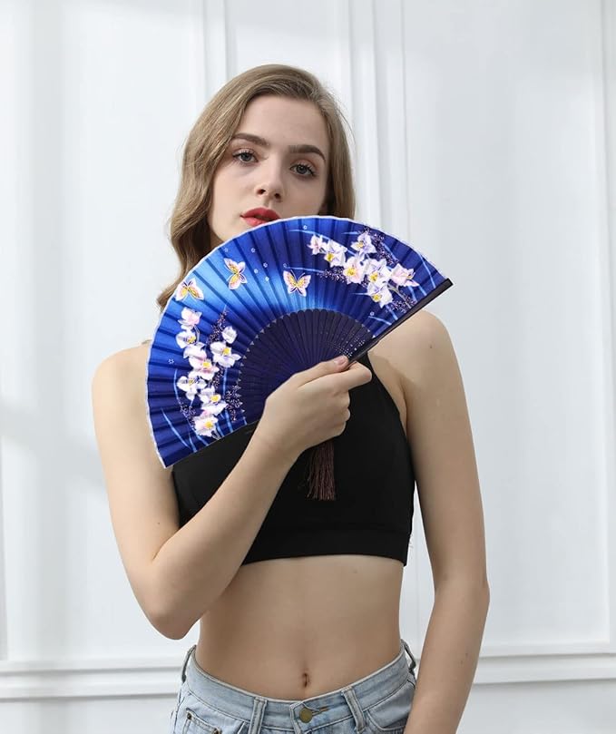Amajiji Folding Hand Fan for Women, Chinese Japanese Vintage Style Bamboo Silk Hand Held Folding Fans for Party Wedding Dancing Decoration Gift Performance (AM-16)